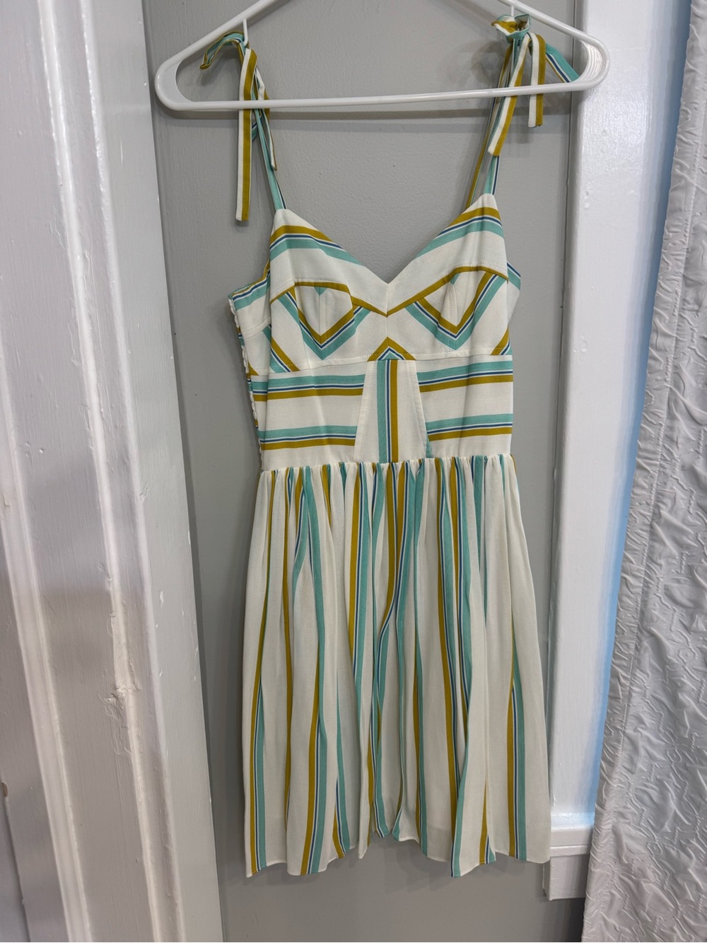 Amanda Uprichard Striped Tie-Shoulder Mini Dress - White, Teal & Mustard, size P